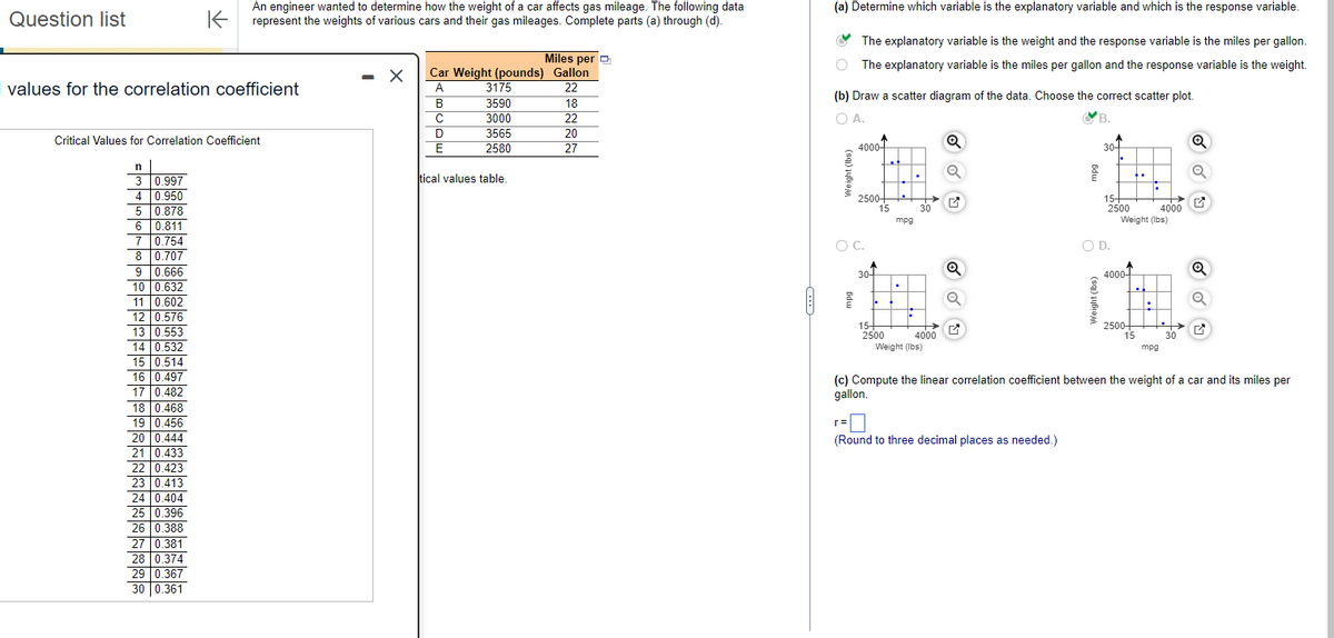 ### Exploring the Relationship between Car Weight and Gas Mileage

An engineer aimed to uncover how the weight of a car impacts its gas mileage. The data provided here represents the weights of various cars and their corresponding gas mileages. Follow through the analysis by completing parts (a) through (d).

#### Data Table:
| Car | Weight (pounds) | Miles per Gallon |
|-----|-----------------|------------------|
| A   | 3175            | 22               |
| B   | 3590            | 18               |
| C   | 3000            | 22               |
| D   | 3565            | 20               |
| E   | 2580            | 27               |

#### Tasks:
1. **Determine Variables:**
   - Identify the explanatory variable and the response variable from the given data.
     - The explanatory variable is the weight and the response variable is the miles per gallon.

2. **Draw a Scatter Diagram:**
   - Based on the data, choose the correct scatter plot from the given options.

#### Scatter Plot Options:
   - **Option A:** Incorrect
   - **Option B:** Correct (Scatter plot showing a visual representation with car weights on the x-axis and miles per gallon on the y-axis)
   - **Option C:** Incorrect
   - **Option D:** Incorrect

3. **Compute the Linear Correlation Coefficient:**
   - Calculate the linear correlation coefficient (r) between the weight of the car and its miles per gallon, rounding to three decimal places as needed.

#### Critical Values for Correlation Coefficient:
To determine the significance of the linear correlation coefficient, refer to the critical values for different sample sizes (n).

| n  | r     |
|----|-------|
| 3  | 0.997 |
| 4  | 0.950 |
| 5  | 0.878 |
| 6  | 0.811 |
| 7  | 0.754 |
| 8  | 0.707 |
| 9  | 0.666 |
| 10 | 0.632 |
| 11 | 0.602 |
| 12 | 0.576 |
| 13 | 0.553 |
| 14 | 0.532 |
| 15 | 0.514 |
| 16 | 0.497 |
| 17 | 