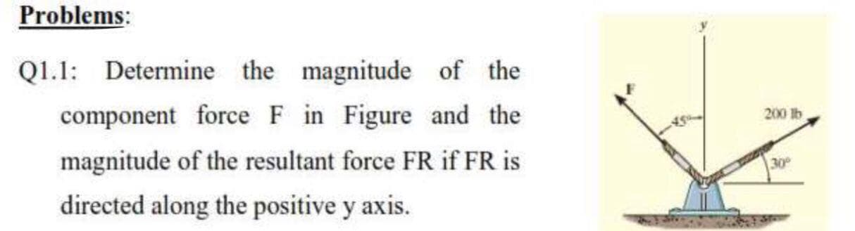 Q1.1: Determine the magnitude of the
component force F in Figure and the
magnitude of the resultant force FR if FR is
directed along the positive y axis.
