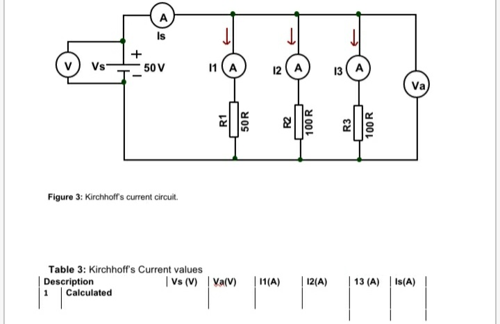 A
Is
Vs
50 V
11 (A
12 (A
13 ( A
Va
Figure 3: Kirchhoff's current circuit.
Table 3: Kirchhoff's Current values
Description
| Calculated
|Vs (V) | Va(V)
11(A)
12(A)
13 (A)
Is(A)
1
+
R1
50R
100 R
R3
100R
