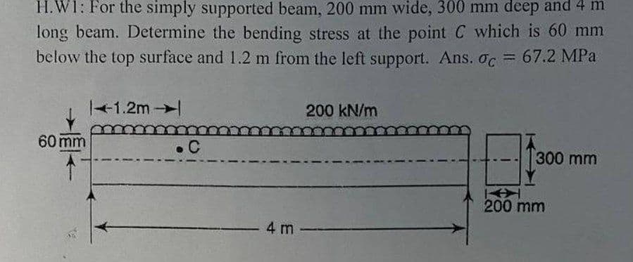 H.W1: For the simply supported beam, 200 mm wide, 300 mm deep and 4 m
long beam. Determine the bending stress at the point C which is 60 mm
below the top surface and 1.2 m from the left support. Ans. oc = 67.2 MPa
60 mm
↑
-1.2m
.C
4 m.
200 kN/m
300 mm
K
200 mm