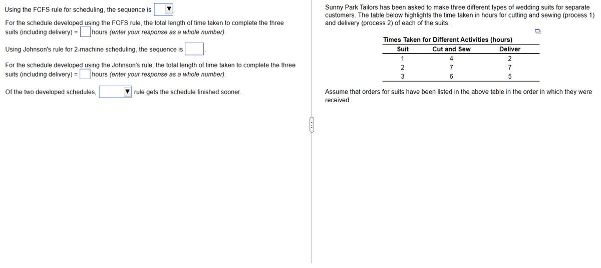 Using the FCFS rule for scheduling, the sequence is
For the schedule developed using the FCFS rule, the total length of time taken to complete the three
suits (including delivery) = hours (enter your response as a whole number).
Using Johnson's rule for 2-machine scheduling, the sequence is
For the schedule developed using the Johnson's rule, the total length of time taken to complete the three
suits (including delivery)= hours (enter your response as a whole number).
Of the two developed schedules,
rule gets the schedule finished sooner.
Sunny Park Tailors has been asked to make three different types of wedding suits for separate
customers. The table below highlights the time taken in hours for cutting and sewing (process 1)
and delivery (process 2) of each of the suits.
Times Taken for Different Activities (hours)
Cut and Sew
4
7
6
Suit
1
2
3
Deliver
2
7
5
Q
Assume that orders for suits have been listed in the above table in the order in which they were
received.