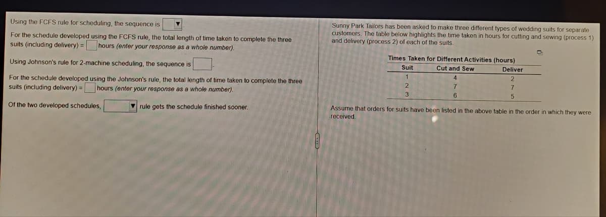 Using the FCFS rule for scheduling, the sequence is
For the schedule developed using the FCFS rule, the total length of time taken to complete the three
suits (including delivery)= hours (enter your response as a whole number).
Using Johnson's rule for 2-machine scheduling, the sequence is
For the schedule developed using the Johnson's rule, the total length of time taken to complete the three
suits (including delivery)= hours (enter your response as a whole number).
Of the two developed schedules,
rule gets the schedule finished sooner.
Sunny Park Tailors has been asked to make three different types of wedding suits for separate
customers. The table below highlights the time taken in hours for cutting and sewing (process 1)
and delivery (process 2) of each of the suits.
Deliver
Times Taken for Different Activities (hours)
Cut and Sew
4
Suit
1
2
3
6
7
5
Assume that orders for suits have been listed in the above table in the order in which they were
received.