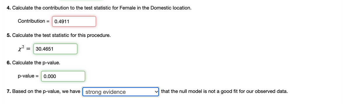 4. Calculate the contribution to the test statistic for Female in the Domestic location.
Contribution =
0.4911
5. Calculate the test statistic for this procedure.
x² =
30.4651
6. Calculate the p-value.
p-value = 0.000
7. Based on the p-value, we have strong evidence
that the null model is not a good fit for our observed data.
