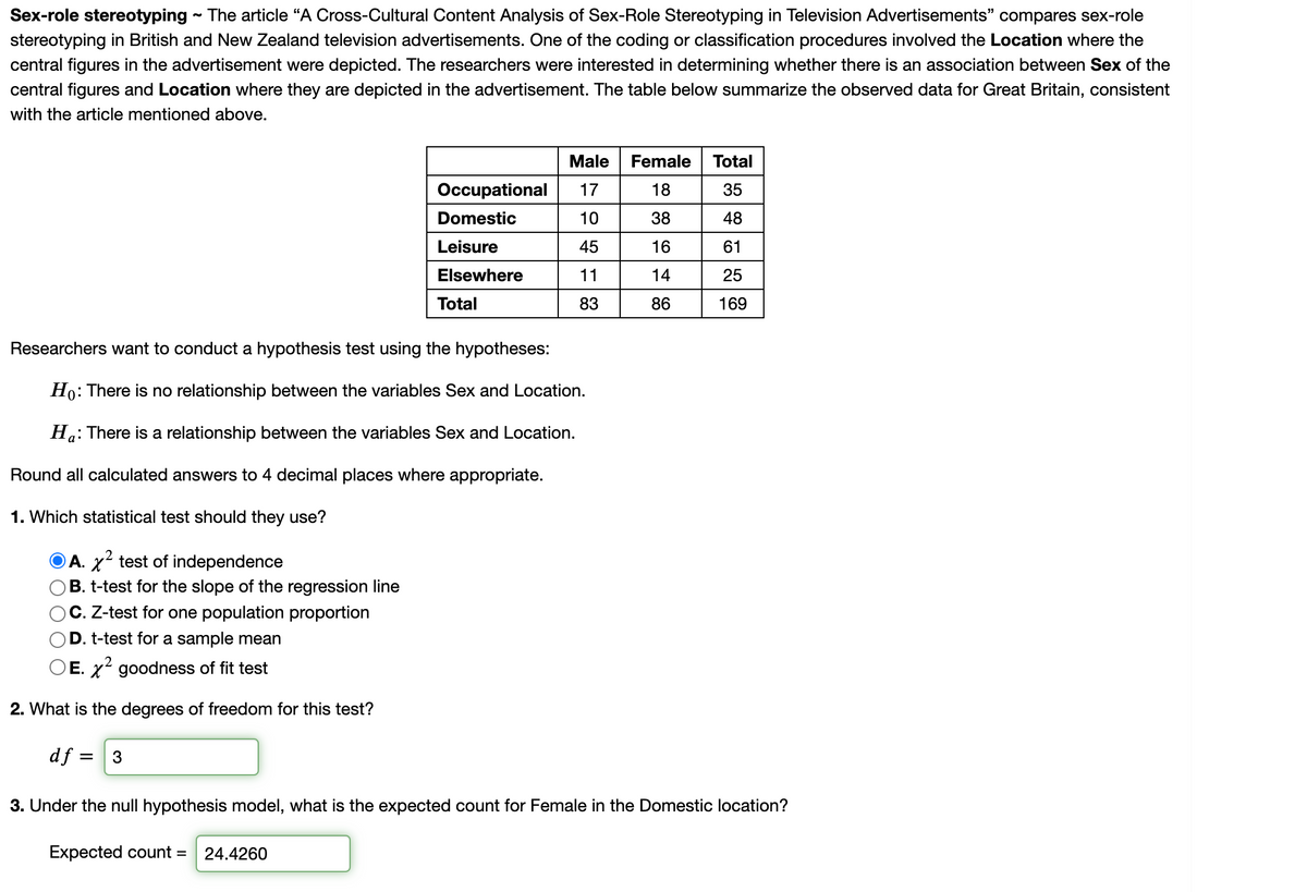 Sex-role stereotyping - The article "A Cross-Cultural Content Analysis of Sex-Role Stereotyping in Television Advertisements"
stereotyping in British and New Zealand television advertisements. One of the coding or classification procedures involved the Location where the
central figures in the advertisement were depicted. The researchers were interested in determining whether there is an association between Sex of the
central figures and Location where they are depicted in the advertisement. The table below summarize the observed data for Great Britain, consistent
compares sex-role
with the article mentioned above.
Male
Female
Total
Occupational
17
18
35
Domestic
10
38
Leisure
45
16
61
Elsewhere
11
14
25
Total
83
86
169
Researchers want to conduct a hypothesis test using the hypotheses:
Ho: There is no relationship between the variables Sex and Location.
Ha: There is a relationship between the variables Sex and Location.
Round all calculated answers to 4 decimal places where appropriate.
1. Which statistical test should they use?
A. x2 test of independence
B. t-test for the slope of the regression line
OC. Z-test for one population proportion
D. t-test for a sample mean
OE. x? goodness of fit test
2. What is the degrees of freedom for this test?
df =
3. Under the null hypothesis model, what is the expected count for Female in the Domestic location?
Expected count =
24.4260
