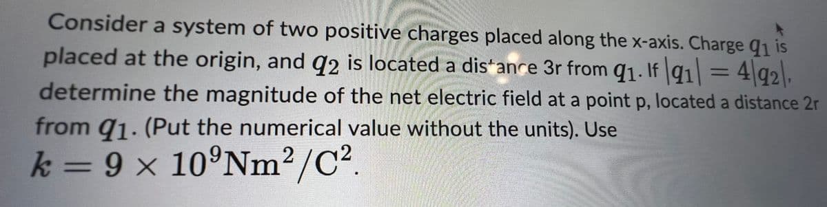 Consider a system of two positive charges placed along the x-axis. Charge 91 is
placed at the origin, and 92 is located a distance 3r from 91. If |91| = 492,
determine the magnitude of the net electric field at a point p, located a distance 2r
from 91. (Put the numerical value without the units). Use
k = 9 x 10°Nm²/C².