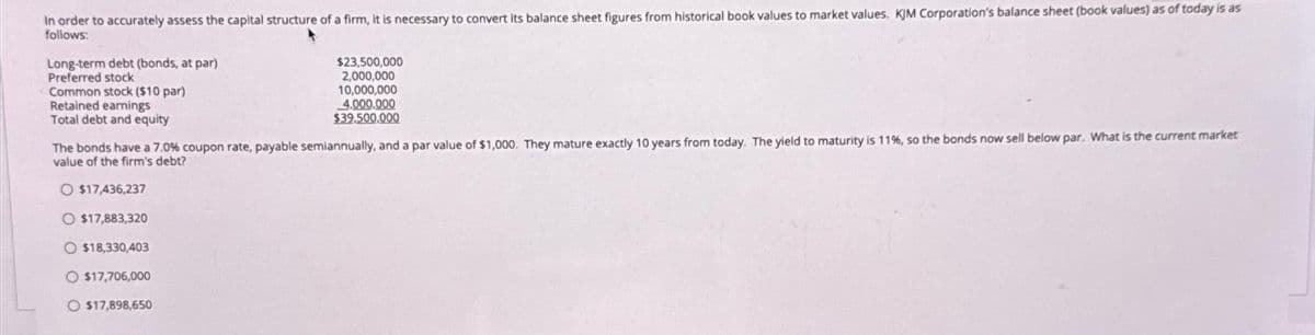 In order to accurately assess the capital structure of a firm, it is necessary to convert its balance sheet figures from historical book values to market values. KJM Corporation's balance sheet (book values) as of today is as
follows:
Long-term debt (bonds, at par)
Preferred stock
Common stock ($10 par)
Retained earnings
Total debt and equity
$23,500,000
2,000,000
10,000,000
O $17,436,237
O $17,883,320
O $18,330,403
O $17,706,000
O$17,898,650
4,000,000
$39.500.000
The bonds have a 7.0% coupon rate, payable semiannually, and a par value of $1,000. They mature exactly 10 years from today. The yield to maturity is 11%, so the bonds now sell below par. What is the current market
value of the firm's debt?