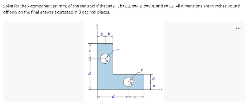 Solve for the x-component (in mm) of the centroid if that a=2.1, b=2.2, c=4.2, d=9,4, and r=1.2. All dimensions are in inches.Round
off only on the final answer expressed in 3 decimal places.
