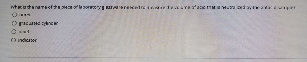 What is the name of the piece of laboratory glassware needed to measure the volume of acid that is neutralized by the antacid sample?
O buret
O graduated cylinder
O pipet
O Indicator
