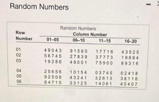 Random Numbers
Row
Number
01
02
03
04
05
06
Random Numbers
Column Number
06-10
01-05
49043 91560
56745 27839
19286 48001
11-15
17716
37773
75900
25656 10154 03745
92508 43241
32613
64715 33125
14061
16-20
43525
19894
89316
02418
38118
40407