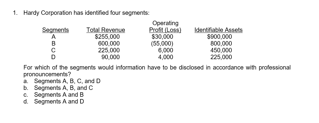 1. Hardy Corporation has identified four segments:
Operating
Profit (Loss)
$30,000
(55,000)
6,000
4,000
Identifiable Assets
$900,000
800,000
450,000
225,000
Segments
A
Total Revenue
$255,000
600,000
225,000
90,000
B
D
For which of the segments would information have to be disclosed in accordance with professional
pronouncements?
a. Segments A, B, C, and D
b. Segments A, B, and C
c. Segments A and B
d. Segments A and D
