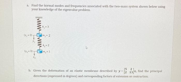 a. Find the normal modes and frequencies associated with the two-mass system shown below using
your knowledge of the eigenvalue problem.
m= 2
= 0)-
b. Given the deformation of an elastic membrane described by y= 3 x, find the principal
[5
2
directions (expressed in degrees) and corresponding factors of extension or contraction.
