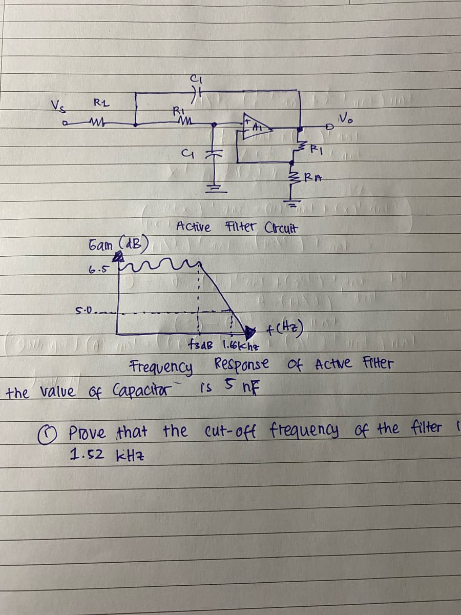 RL
Vs
Rt
No
RI
Ca本
RA
Active
Filter Crcuit
Gam CaB)
6.5
fsdB 1.66che
Frequency RespPonse of Actue Fitter
is 5 nF
the value Of Capacitar
O Prove that the cut-off frequenay of the filter I
1.52 kHz
