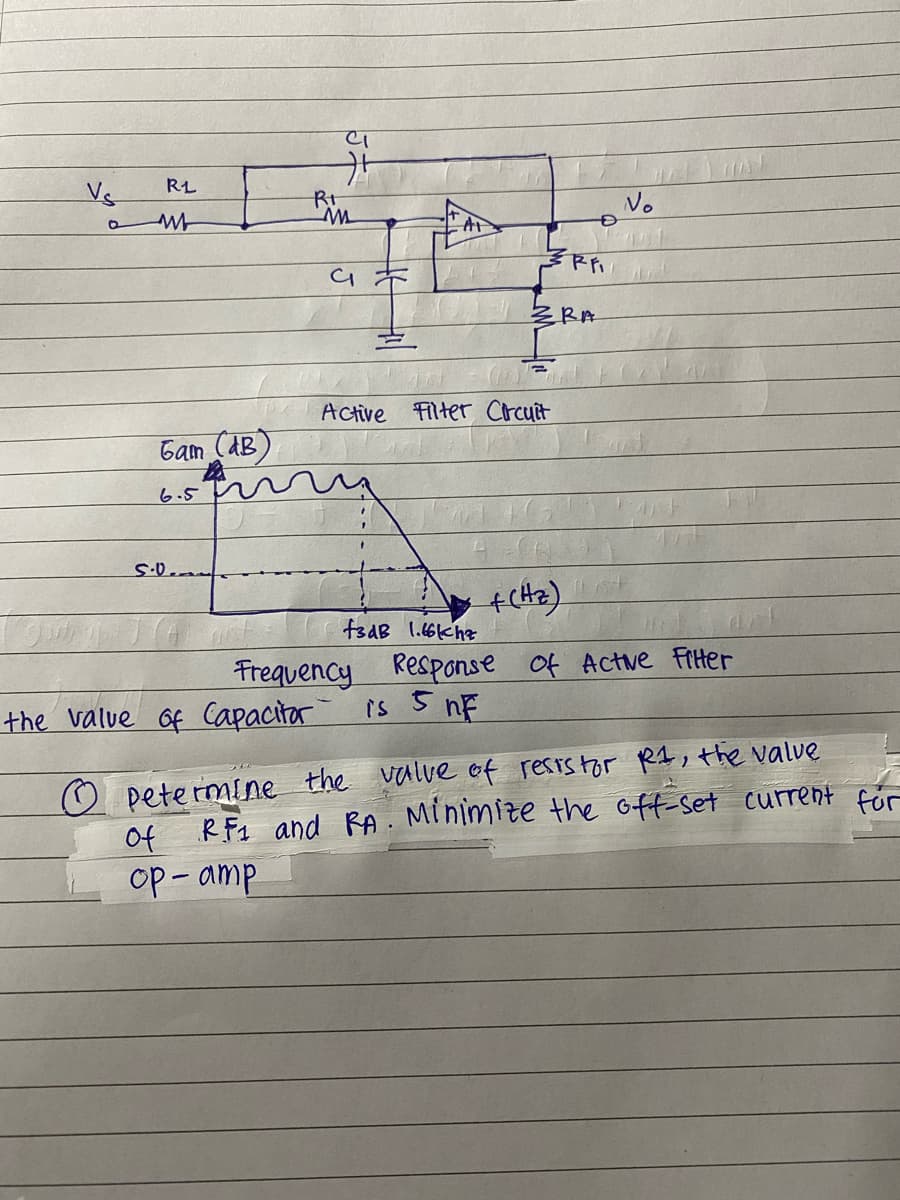 Vs
RL
Rt
No
彡BA
Active
Filter Crcuit
Gam (aB)
6.5
fsdB 1.66chz
Frequency Response Of Actue Frtter
is 5 nF
the value Of Capacitor
O petermine the valve of resrstor RI, the valve
of
R F1 and RA. Minimize the Gff-Set current For
op - amp
