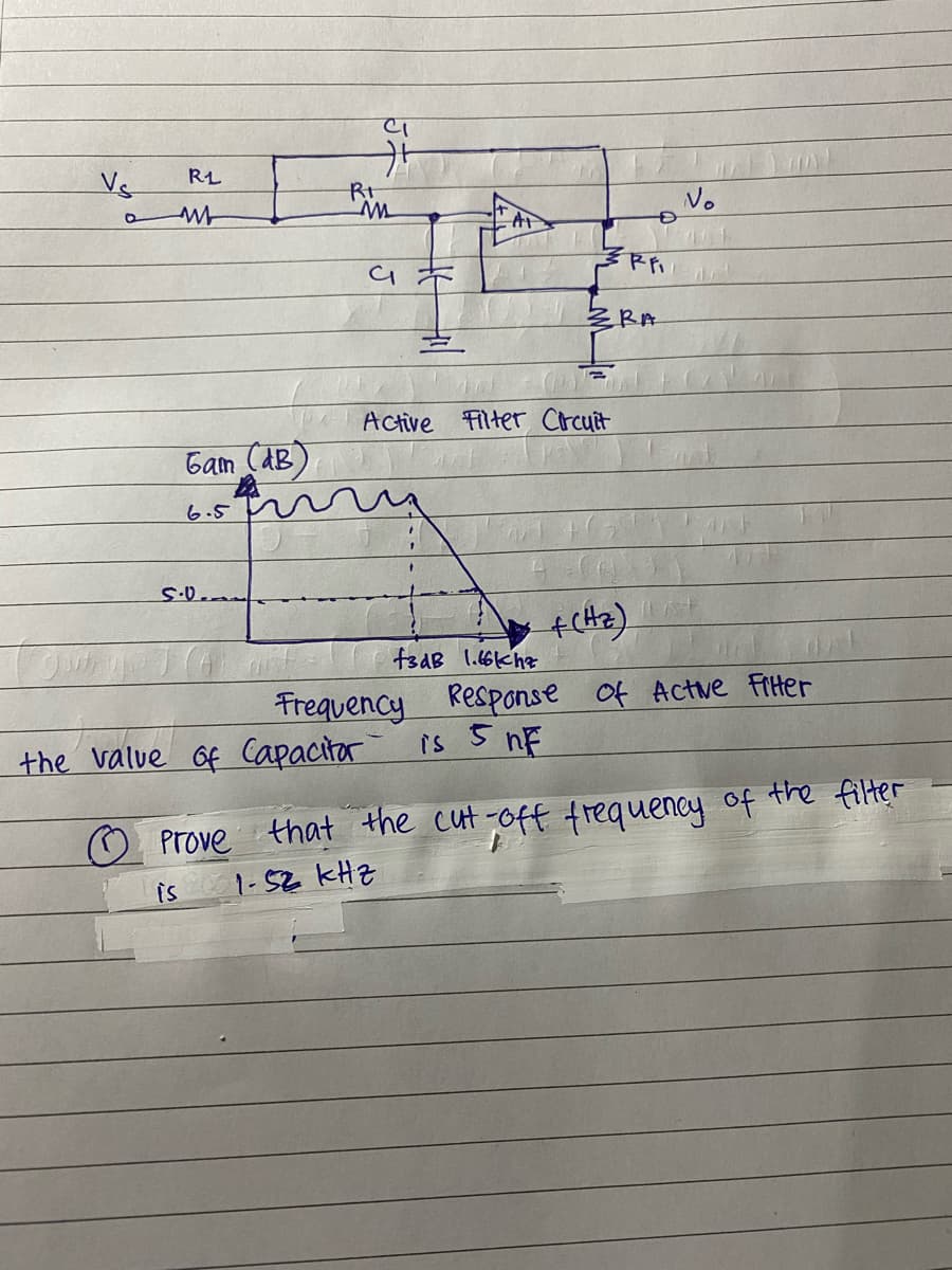 Vs
RL
Rt
No
彡RA
Active Filter Crcuit
Gam (aB
6.5
fsdB l.66che
Frequency Response Of Actue Fiter
is 5 nE
the value Of Capacitor
Prove that the cut-off trequency of the filter
is
1-52 kHZ
