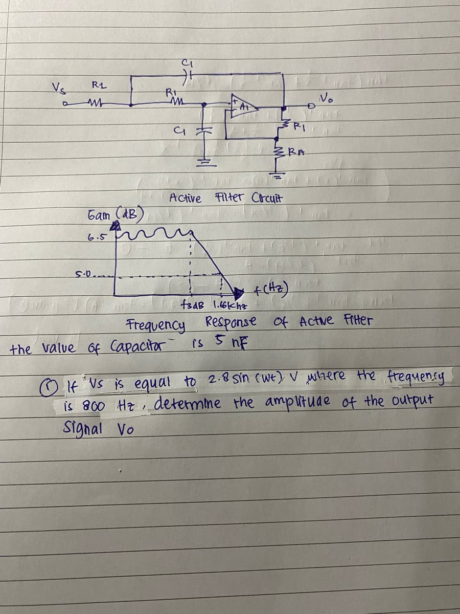 Vs
RL
Rt
No
RI
彡RA
Active Filter Crcuit
Gam (dB)
6.5
f3dB 1.66khz
Frequency Response Of Actve Frter
nF
is
the value Of Capacitar
VS is equal to 2.8 sin ewe) V where the Htequency
O If
is 800 Hz i determine the amplitude of the output
Signal Vo
