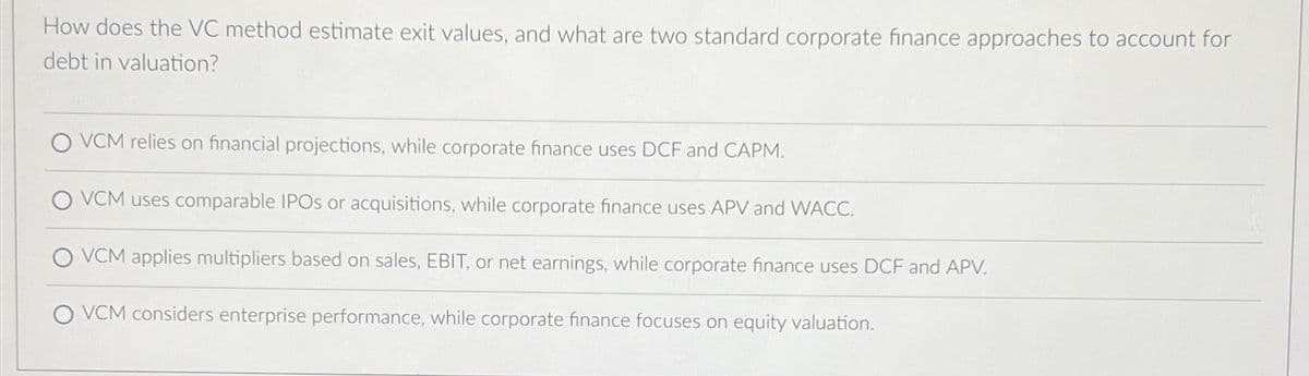 How does the VC method estimate exit values, and what are two standard corporate finance approaches to account for
debt in valuation?
O VCM relies on financial projections, while corporate finance uses DCF and CAPM.
VCM uses comparable IPOs or acquisitions, while corporate finance uses APV and WACC.
VCM applies multipliers based on sales, EBIT, or net earnings, while corporate finance uses DCF and APV.
VCM considers enterprise performance, while corporate finance focuses on equity valuation.