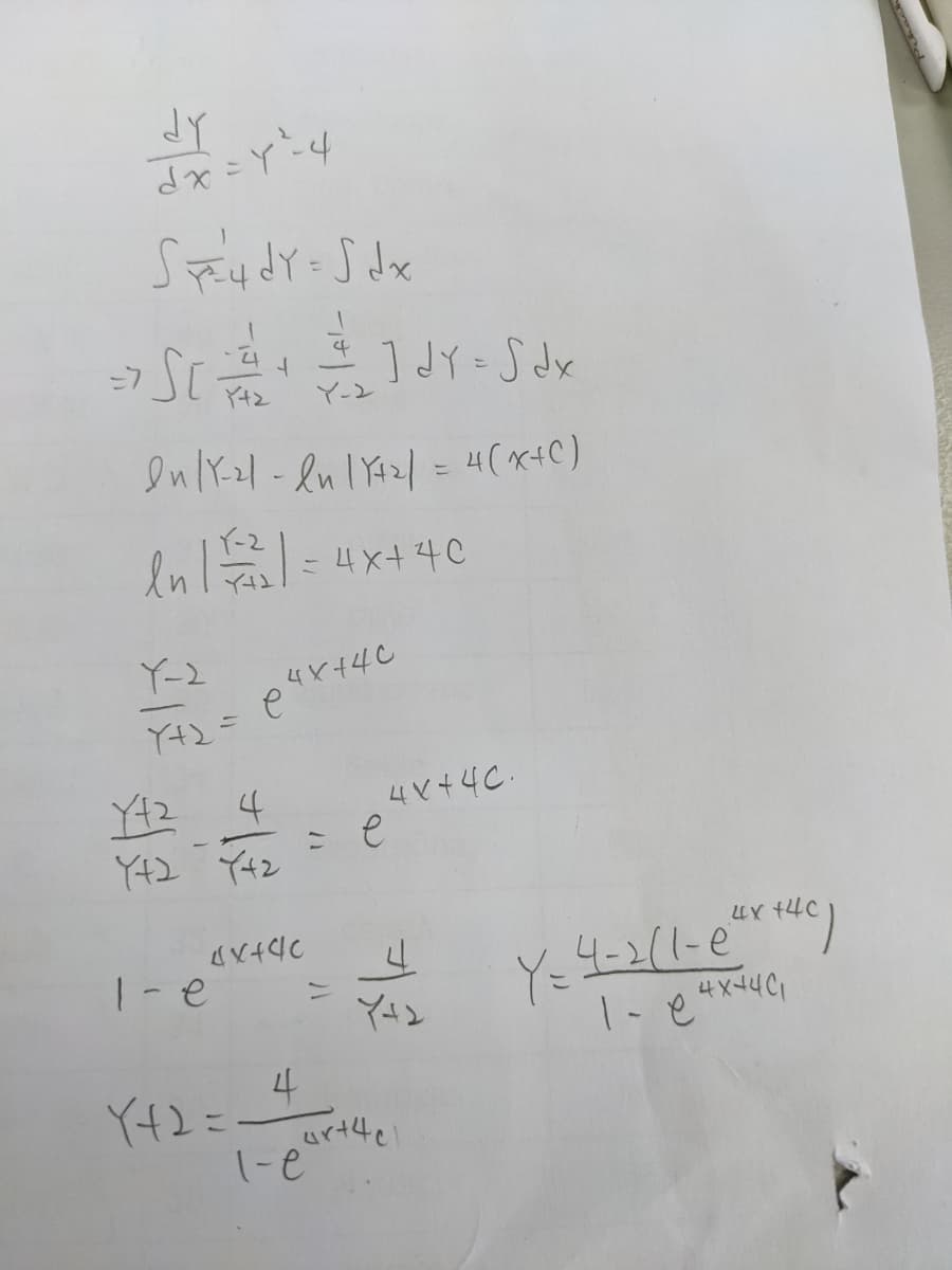 カ、人ミとア
%3D
ー7SC-
] dY = S dx
マ-)
InlY.zl - ln l YAz/ = 4(x+C)
イ-2
Y-2
= てナ人
4
4 V+4C.
こ e
てナ人 て
UY 14C
1-e
2D+入ア
4
=てナ入
artte
1-e
