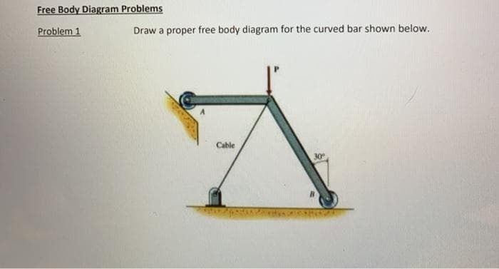 Free Body Diagram Problems
Problem 1
Draw a proper free body diagram for the curved bar shown below.
Cable
30