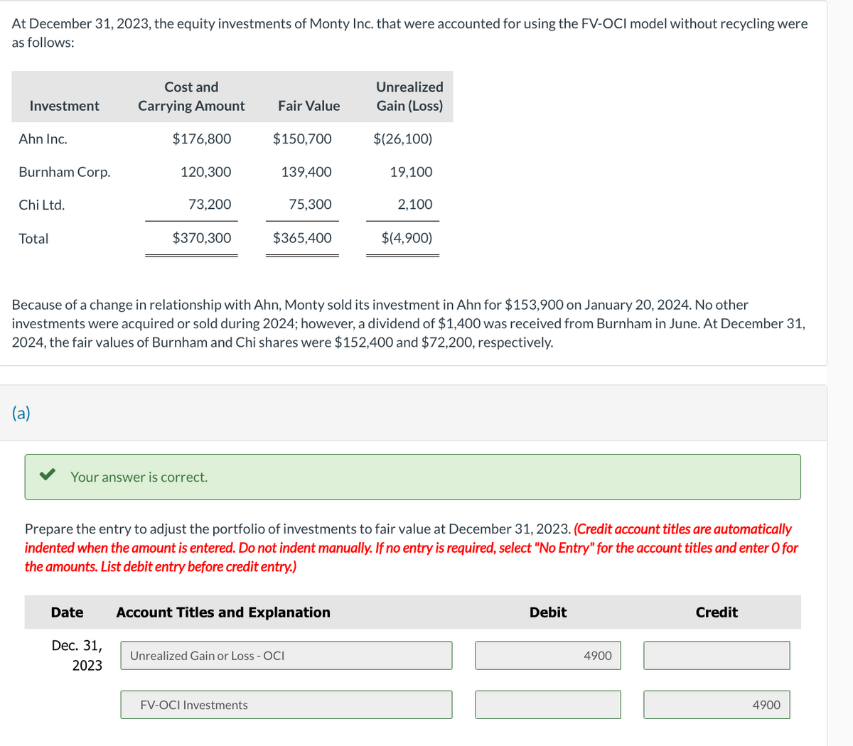 At December 31, 2023, the equity investments of Monty Inc. that were accounted for using the FV-OCI model without recycling were
as follows:
Investment
Ahn Inc.
Burnham Corp.
Chi Ltd.
Total
(a)
Cost and
Carrying Amount
$176,800
Date
120,300
Dec. 31,
2023
73,200
$370,300
Your answer is correct.
Fair Value
$150,700
139,400
FV-OCI Investments
75,300
$365,400
Because of a change in relationship with Ahn, Monty sold its investment in Ahn for $153,900 on January 20, 2024. No other
investments were acquired or sold during 2024; however, a dividend of $1,400 was received from Burnham in June. At December 31,
2024, the fair values of Burnham and Chi shares were $152,400 and $72,200, respectively.
Account Titles and Explanation
Unrealized Gain or Loss - OCI
Unrealized
Gain (Loss)
$(26,100)
Prepare the entry to adjust the portfolio of investments to fair value at December 31, 2023. (Credit account titles are automatically
indented when the amount is entered. Do not indent manually. If no entry is required, select "No Entry" for the account titles and enter O for
the amounts. List debit entry before edit entry.)
19,100
2,100
$(4,900)
Debit
4900
Credit
4900