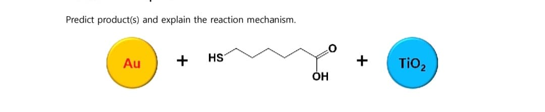 Predict product(s) and explain the reaction mechanism.
Au
+
HS
TiO2
ÓH
+
