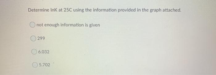 Determine Ink at 25C using the information provided in the graph attached.
not enough information is given
O 299
O 6.032
5.702
