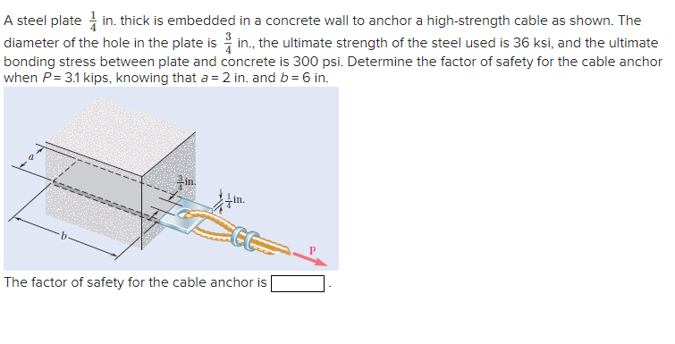 A steel platein. thick is embedded in a concrete wall to anchor a high-strength cable as shown. The
diameter of the hole in the plate is in., the ultimate strength of the steel used is 36 ksi, and the ultimate
bonding stress between plate and concrete is 300 psi. Determine the factor of safety for the cable anchor
when P = 3.1 kips, knowing that a = 2 in. and b = 6 in.
in.
The factor of safety for the cable anchor is