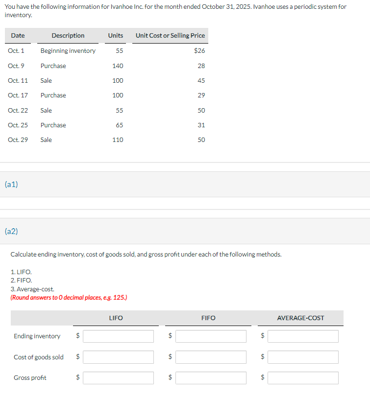 You have the following information for Ivanhoe Inc. for the month ended October 31, 2025. Ivanhoe uses a periodic system for
inventory.
Date
Oct. 1
Oct. 9
Oct. 11
Oct. 17
Oct. 22
Oct. 25
Oct. 29
(a1)
(a2)
Description
Beginning inventory 55
Purchase
Sale
Purchase
Sale
Purchase
Sale
Ending inventory
Cost of goods sold
Gross profit
Units Unit Cost or Selling Price
$26
$
tA
140
tA
100
1.LIFO.
2. FIFO.
3. Average-cost.
(Round answers to O decimal places, e.g. 125.)
100
55
65
110
Calculate ending inventory, cost of goods sold, and gross profit under each of the following methods.
LIFO
tA
$
28
LA
45
29
50
31
50
FIFO
tA
tA
tA
AVERAGE-COST