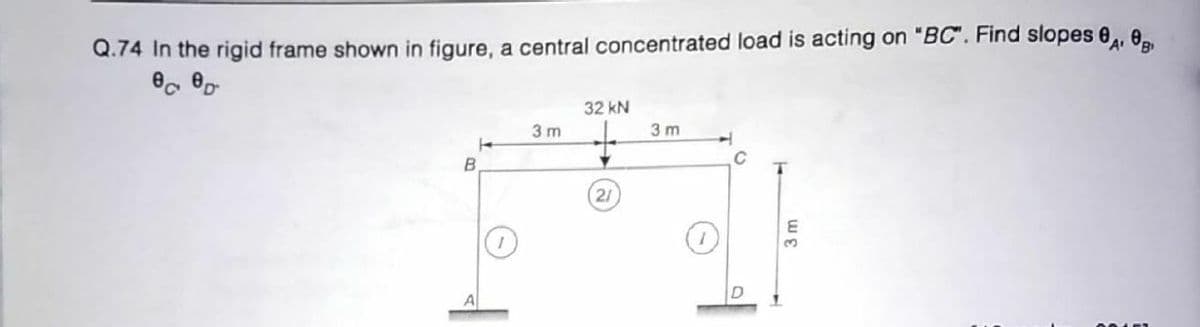 A+
Q.74 In the rigid frame shown in figure, a central concentrated load is acting on "BC". Find slopes 0, 0
32 kN
3 m
3 m
B
C
21
