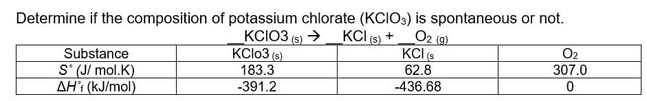 Determine if the composition of potassium chlorate (KCIO3) is spontaneous or not.
KCIO3 (s) →
KClo3 (s)
O2 (g)
KCI (s
62.8
KCI (s) +
O2
Substance
S' (J/ mol.K)
AH'i (kJ/mol)
307.0
183.3
-391.2
-436.68
