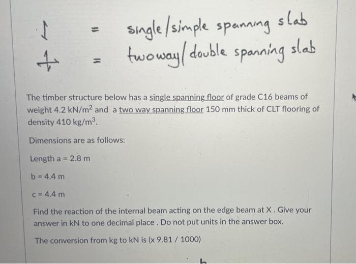 slab
single /simple spanning
slab
spanning
twoway/ double
The timber structure below has a single spanning floor of grade C16 beams of
weight 4.2 kN/m? and a two way spanning floor 150 mm thick of CLT flooring of
density 410 kg/m3.
Dimensions are as follows:
Length a = 2.8 m
%3D
b = 4.4 m
C = 4.4 m
Find the reaction of the internal beam acting on the edge beam at X. Give your
answer in kN to one decimal place. Do not put units in the answer box.
The conversion from kg to kN is (x 9.81 / 1000)
