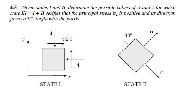 4.5 – Given states I and II, determine the possible values of o and t for which
state III = I + II verifies that the principal stress oz is positive and its direction
forms a 30° angle with the y-axis.
4
T20
30°
4
STATE I
STATE II
