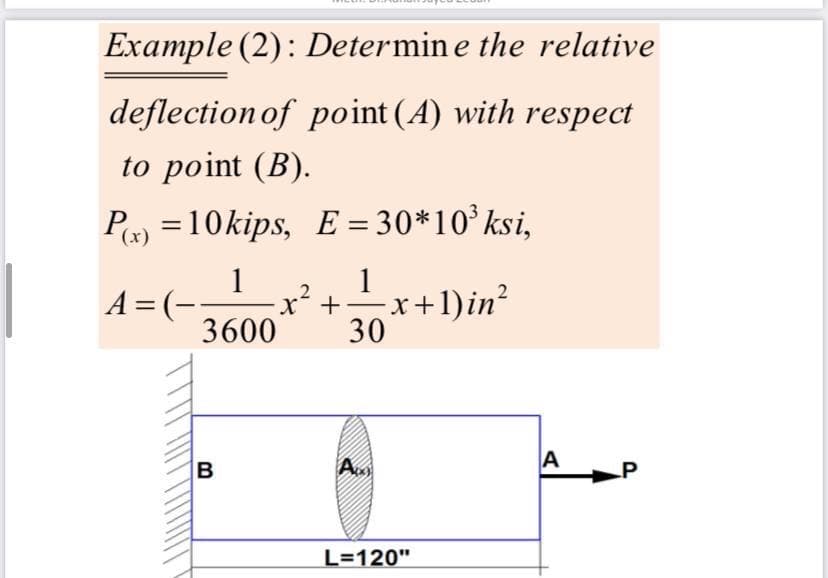 Example (2): Determin e the relative
deflection of point (A) with respect
to point (B).
P) =10kips, E = 30*10 ksi,
(x)
1
1
A = (-
3600
+r+1)in?
30
A.
A
LP
L=120"
