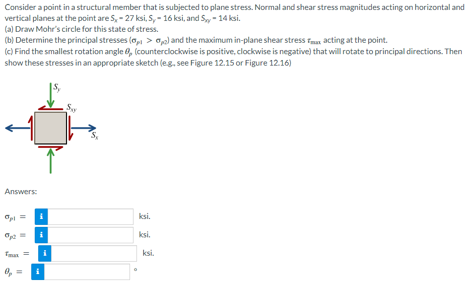 Consider a point in a structural member that is subjected to plane stress. Normal and shear stress magnitudes acting on horizontal and
vertical planes at the point are Sx = 27 ksi, S, = 16 ksi, and Sxy = 14 ksi.
(a) Draw Mohr's circle for this state of stress.
(b) Determine the principal stresses (opl > op2) and the maximum in-plane shear stress Tmax acting at the point.
(c) Find the smallest rotation angle 0, (counterclockwise is positive, clockwise is negative) that will rotate to principal directions. Then
show these stresses in an appropriate sketch (e.g., see Figure 12.15 or Figure 12.16)
S
Answers:
Opl =
i
ksi.
Op2 =
i
ksi.
Tmax =
ksi.
i
