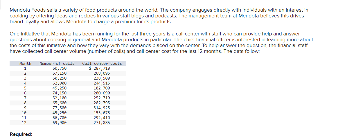 Mendota Foods sells a variety of food products around the world. The company engages directly with individuals with an interest in
cooking by offering ideas and recipes in various staff blogs and podcasts. The management team at Mendota believes this drives
brand loyalty and allows Mendota to charge a premium for its products.
One initiative that Mendota has been running for the last three years is a call center with staff who can provide help and answer
questions about cooking in general and Mendota products in particular. The chief financial officer is interested in learning more about
the costs of this initiative and how they vary with the demands placed on the center. To help answer the question, the financial staff
have collected call center volume (number of calls) and call center cost for the last 12 months. The data follow:
Month Number of calls
1
2
3
4
5
6
7
8
9
10
11
12
Required:
60,750
67,150
60,250
62,000
45,250
74,150
52,100
65,600
77,500
45,250
66,700
69,900
Call center costs
$ 287,710
268,095
238,500
244,515
182,700
280,690
252,710
282,795
314,925
153,675
292,410
271,885