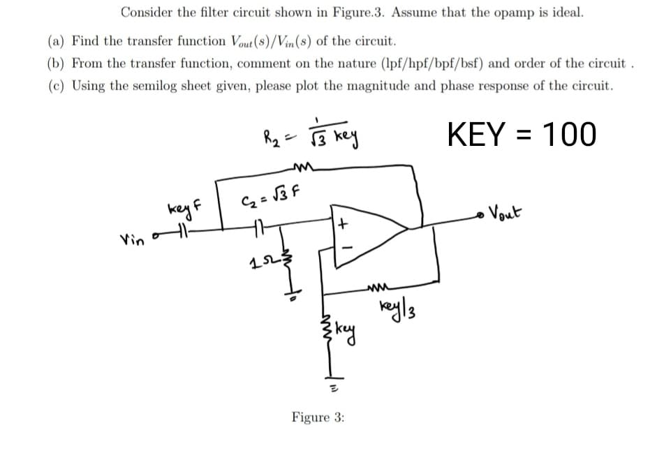 Consider the filter circuit shown in Figure.3. Assume that the opamp is ideal.
(a) Find the transfer function Vout (s)/Vin(s) of the circuit.
(b) From the transfer function, comment on the nature (lpf/hpf/bpf/bsf) and order of the circuit.
(c) Using the semilog sheet given, please plot the magnitude and phase response of the circuit.
KEY = 100
keyf
Vout
Vin
reyls
Figure 3:
