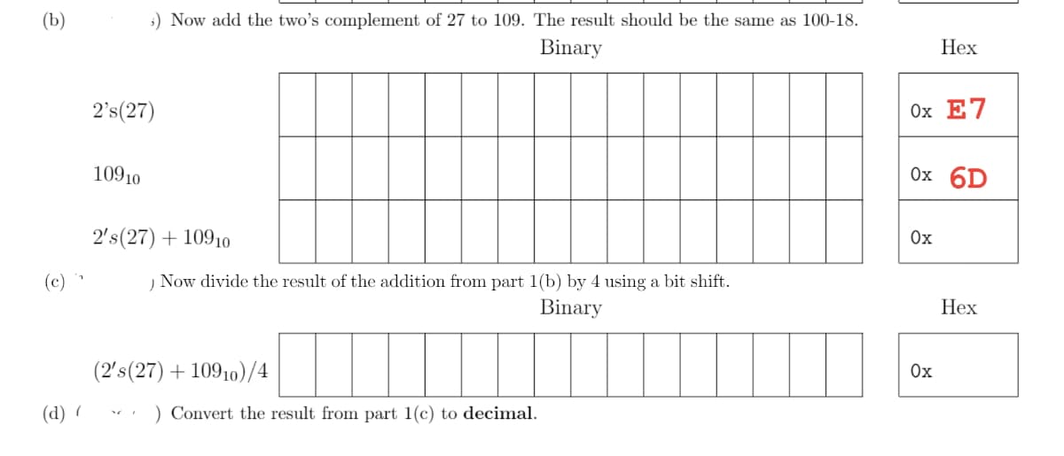 (b)
s) Now add the two's complement of 27 to 109. The result should be the same as 100-18.
Binary
Нех
2's(27)
Ox E7
10910
Ох 6D
2's(27) + 10910o
Ox
(c)
Now divide the result of the addition from part 1(b) by 4 using a bit shift.
Binary
Нех
(2's(27) + 10910)/4
Ox
(d) (
) Convert the result from part 1(c) to decimal.
