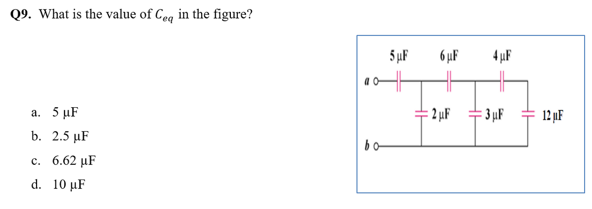 Q9. What is the value of Ceg in the figure?
5 µF
6 µF
4 µF
a. 5 μF
: 2 µF
= 3 µF
12 µF
b. 2.5 µF
bo
с. 6.62 иF
d. 10 µF
