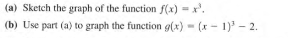 (a) Sketch the graph of the function f(x) = x'.
(b) Use part (a) to graph the function g(x) = (x – 1)³ – 2.
