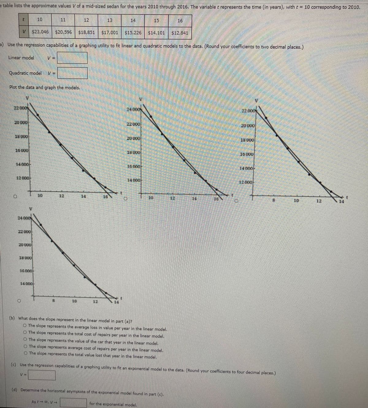 e table lists the approximate values V of a mid-sized sedan for the years 2010 through 2016. The variable t represents the time (in years), with t = 10 corresponding to 2010.
10
11
12
13
14
15
16
V.
523,046
$20,596
$18,851
$17.001
$15,226
$14,101
$12,841
) Use the regression capabilities of a graphing utility to fit linear and quadratic models to the data. (Round your coefficients to two decimal places.)
Linear model
Quadratic model
%3D
Plot the data and graph the models.
22000
24000
22:000
20000
20000
2000
oonat
14 000-
14 no
12 000-
14 000
12000/-
10
12
14
16
12
10
12
24 000
Z2000
20 000
oo0 RT
16000-
14 000-
10
12
(b) What does the slope represent in the linear model in part (a)?
O The slope represents the average loss in value per year in the linear model.
O The slope represents the total cost of repairs per year in the linear model.
O The slope represents the value of the car that year in the linear model.
O The slope represents average cost of repairs per year in the linear model,
O The slope represents the total value lost that year in the linear model.
(c) Use the regression capabilities of a graphing utility to fit an exponential model to the data. (Round your coefficients to four decimal places.)
(d) Determine the horizontal asymptote of the exponential model found in part (c).
As t-o, V -
for the exponential model.
