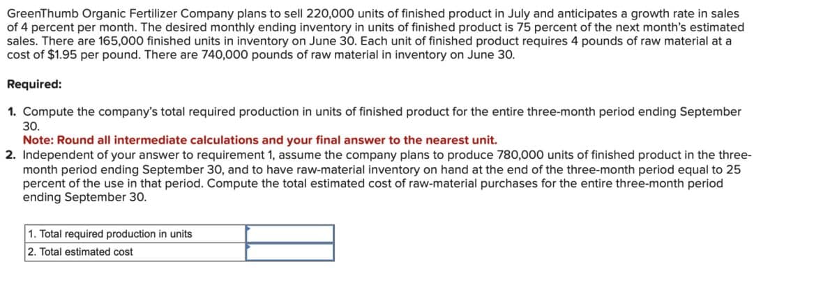 GreenThumb Organic Fertilizer Company plans to sell 220,000 units of finished product in July and anticipates a growth rate in sales
of 4 percent per month. The desired monthly ending inventory in units of finished product is 75 percent of the next month's estimated
sales. There are 165,000 finished units in inventory on June 30. Each unit of finished product requires 4 pounds of raw material at a
cost of $1.95 per pound. There are 740,000 pounds of raw material in inventory on June 30.
Required:
1. Compute the company's total required production in units of finished product for the entire three-month period ending September
30.
Note: Round all intermediate calculations and your final answer to the nearest unit.
2. Independent of your answer to requirement 1, assume the company plans to produce 780,000 units of finished product in the three-
month period ending September 30, and to have raw-material inventory on hand at the end of the three-month period equal to 25
percent of the use in that period. Compute the total estimated cost of raw-material purchases for the entire three-month period
ending September 30.
1. Total required production in units
2. Total estimated cost