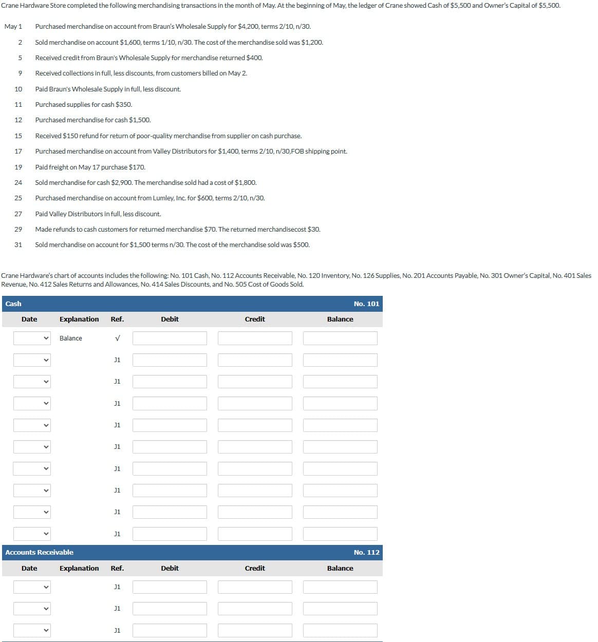 Crane Hardware Store completed the following merchandising transactions in the month of May. At the beginning of May, the ledger of Crane showed Cash of $5,500 and Owner's Capital of $5,500.
May 1 Purchased merchandise on account from Braun's Wholesale Supply for $4,200, terms 2/10, n/30.
Sold merchandise on account $1,600, terms 1/10, n/30. The cost of the merchandise sold was $1,200.
Received credit from Braun's Wholesale Supply for merchandise returned $400.
Received collections in full, less discounts, from customers billed on May 2.
Paid Braun's Wholesale Supply in full, less discount.
Purchased supplies for cash $350.
Purchased merchandise for cash $1,500.
Received $150 refund for return of poor-quality merchandise from supplier on cash purchase.
Purchased merchandise on account from Valley Distributors for $1,400, terms 2/10, n/30,FOB shipping point.
Paid freight on May 17 purchase $170.
Sold merchandise for cash $2,900. The merchandise sold had a cost of $1,800.
Purchased merchandise on account from Lumley, Inc. for $600, terms 2/10, n/30.
Paid Valley Distributors in full, less discount.
Made refunds to cash customers for returned merchandise $70. The returned merchandisecost $30.
Sold merchandise on account for $1,500 terms n/30. The cost of the merchandise sold was $500.
2
5
9
10
11
12
15
17
19
24
25
27
29
31
Crane Hardware's chart of accounts includes the following: No. 101 Cash, No. 112 Accounts Receivable, No. 120 Inventory, No. 126 Supplies, No. 201 Accounts Payable, No. 301 Owner's Capital, No. 401 Sales
Revenue, No. 412 Sales Returns and Allowances, No. 414 Sales Discounts, and No. 505 Cost of Goods Sold.
Cash
Date
Date
Explanation Ref.
Accounts Receivable
000
Balance
✓
J1
J1
J1
J1
J1
J1
J1
J1
J1
Explanation Ref.
J1
J1
J1
Debit
Debit
Credit
Credit
I
Balance
Balance
No. 101
No. 112