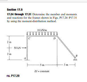 Section 17.5
17.24 through 17.31 Determine the member end moments
and reactions for the frames shown in Figs. P17.24-P17.31
by using the moment-distribution method.
2m
+
2 m
50 kN
FIG. P17.29
C
18 kN/m
-5m-
El= constant
D
T
3 m
B