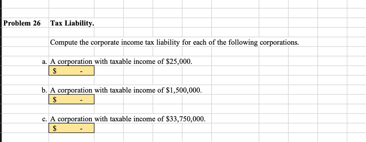 Problem 26 Tax Liability.
Compute the corporate income tax liability for each of the following corporations.
a. A corporation with taxable income of $25,000.
$
b. A corporation with taxable income of $1,500,000.
$
c. A corporation with taxable income of $33,750,000.
$