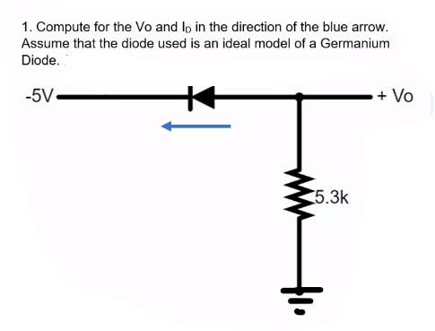 1. Compute for the Vo and Ip in the direction of the blue arrow.
Assume that the diode used is an ideal model of a Germanium
Diode.
-5V.
+ Vo
5.3k
ww
