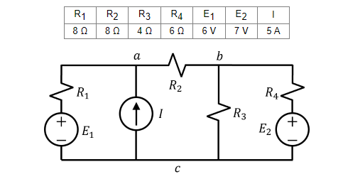 +
R₁
8 Ω
R₁
E₁
R2
8 Ω
الله
4 Ω
a
I
R4
60
R₂
E₁
6 V
b
E2
7 V
R3
I
5 A
R4
E₂
+