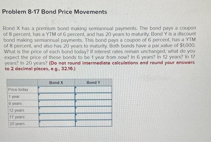 Problem 8-17 Bond Price Movements
Bond X has a premium bond making semiannual payments. The bond pays a coupon
of 8 percent, has a YTM of 6 percent, and has 20 years to maturity. Bond Y is a discount
bond making semiannual payments. This bond pays a coupon of 6 percent, has a YTM
of 8 percent, and also has 20 years to maturity. Both bonds have a par value of $1,000.
What is the price of each bond today? If interest rates remain unchanged, what do you
expect the price of these bonds to be 1 year from now? In 6 years? In 12 years? In 17
years? In 20 years? (Do not round intermediate calculations and round your answers
to 2 decimal places, e.g., 32.16.)
Price today
1 year
6 years
12 years
17 years
20 years
Bond X
Bond Y