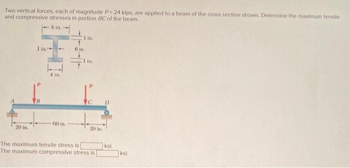 Two vertical forces, each of magnitude P= 24 kips, are applied to a beam of the cross section shown. Determine the maximum tensile
and compressive stresses in portion BC of the beam.
8 in.
20 in
1 in
B
4 in.
60 in.
1 in.
6 in.
1 in.
20 in
The maximum tensile stress is
The maximum compressive stress is
ksi.
ksl.