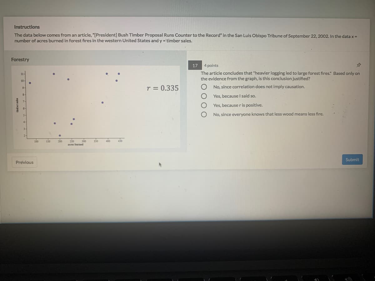 Instructions
The data below comes from an article, "[President] Bush Timber Proposal Runs Counter to the Record" in the San Luis Obispo Tribune of September 22, 2002. In the data x=
number of acres burned in forest fires in the western United States and y = timber sales.
Forestry
17
4 points
The article concludes that "heavier logging led to large forest fires." Based only on
the evidence from the graph, is this conclusion justified?
11-
10-
r = 0.335
No, since correlation does not imply causation.
8-
Yes, because I said so.
Yes, because r is positive.
No, since everyone knows that less wood means less fire.
100
150
250
300
350
400
450
acres burned
Submit
Previous
