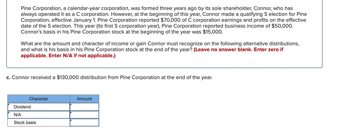 Pine Corporation, a calendar-year corporation, was formed three years ago by its sole shareholder, Connor, who has
always operated it as a C corporation. However, at the beginning of this year, Connor made a qualifying S election for Pine
Corporation, effective January 1. Pine Corporation reported $70,000 of C corporation earnings and profits on the effective
date of the S election. This year (its first S corporation year), Pine Corporation reported business income of $50,000.
Connor's basis in his Pine Corporation stock at the beginning of the year was $15,000.
What are the amount and character of income or gain Connor must recognize on the following alternative distributions,
and what is his basis in his Pine Corporation stock at the end of the year? (Leave no answer blank. Enter zero if
applicable. Enter N/A if not applicable.)
c. Connor received a $130,000 distribution from Pine Corporation at the end of the year.
Character
Amount
Dividend
N/A
Stock basis
