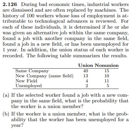 2.126 During bad economic times, industrial workers
are dismissed and are often replaced by machines. The
history of 100 workers whose loss of employment is at-
tributable to technological advances is reviewed. For
each of these individuals, it is determined if he or she
was given an alternative job within the same company,
found a job with another company in the same field,
found a job in a new field, or has been unemployed for
1 year. In addition, the union status of each worker is
recorded. The following table summarizes the results.
Union Nonunion
Same Company
New Company (same field)
New Field
40
13
15
10
4
11
5
Unemployed
(a) If the selected worker found a job with a new com-
pany in the same field, what is the probability that
the worker is a union member?
(b) If the worker is a union member, what is the prob-
ability that the worker has been unemployed for a
year?
